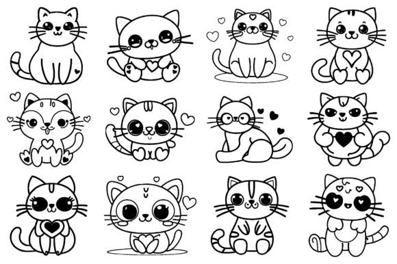 Download Cute Kawaii Valentine Cat Line Art SVG - Cat line art Collection