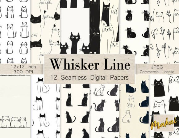 Download 12 Seamless Cat Line Art Patterns - Cat line art Collection
